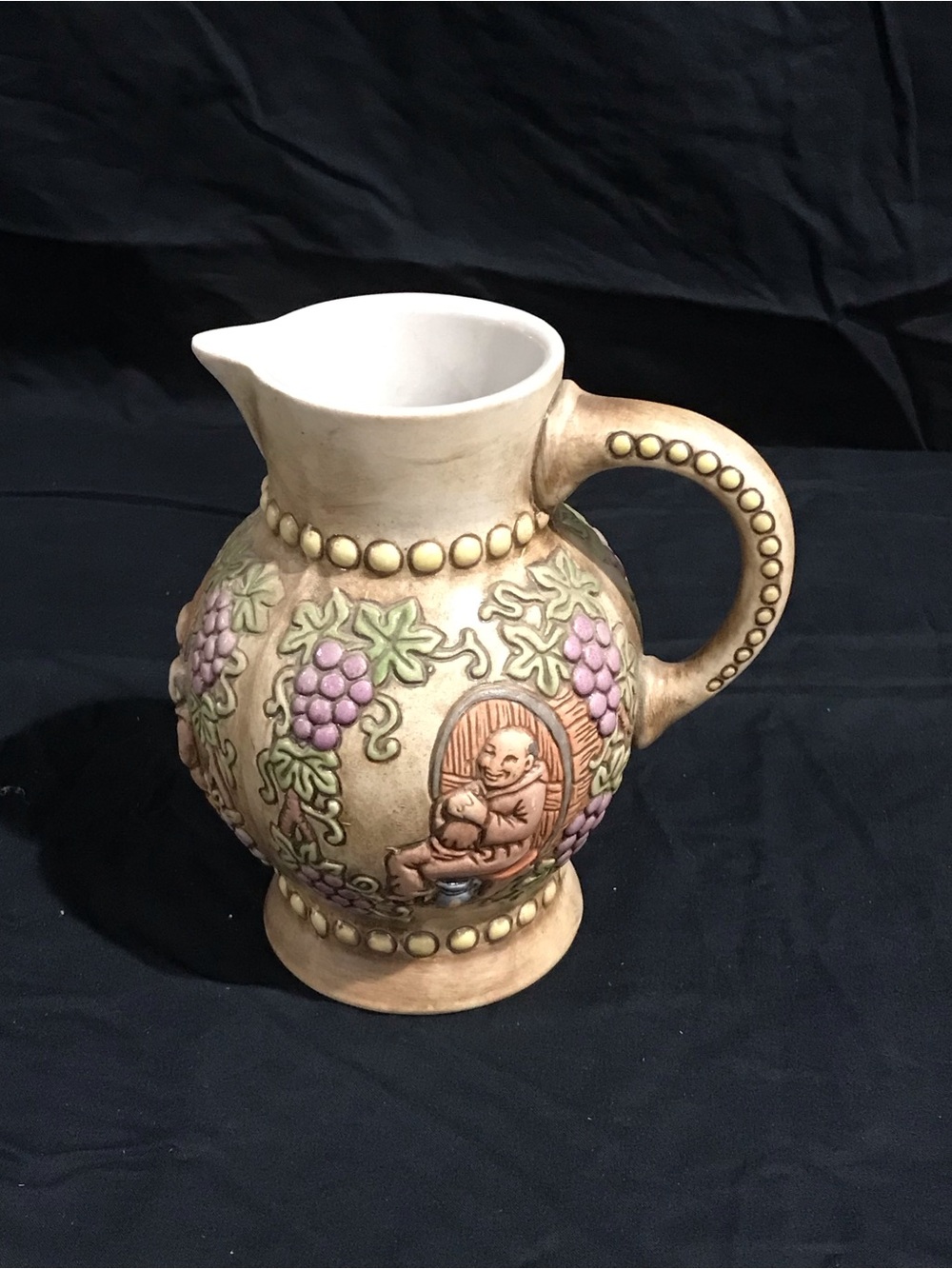 Vintage Beige Ceramic Grapevine Pitcher with Purple Accents